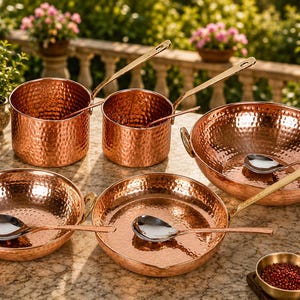 May include: A set of hammered copper cookware including two saucepans with long handles, two shallow bowls with side handles, and one frying pan with a long handle. Three silver-toned serving spoons are placed inside the copper vessels.