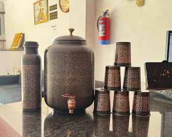 Pure Copper Water Dispenser, Antique Etching Design, Ayurvedic Jal Storage