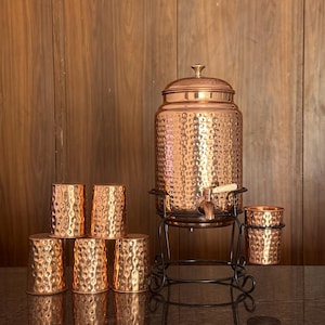 Handmade Hammered Copper Water Dispenser with Stand & Cups