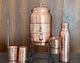 Copper Hammered Water Dispenser with Glass & Stand – Handmade Copper Gift for Anniversaries Housewarming