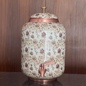Enamel Floral Print Pure Copper Water Dispenser – Handcrafted Drinking Jar for Eco-Friendly Home & Gifts
