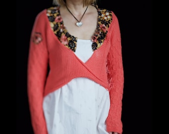 Hand Knitted Cotton Wool Shrug, Rag Quilted Patches, S-M