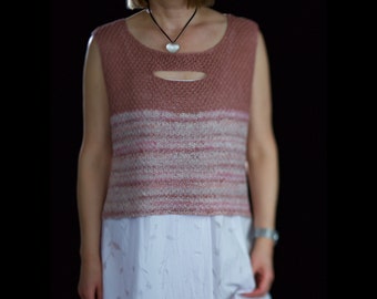 Cropped linen top vest hand knitted with open slits and variegated length, size Medium Large