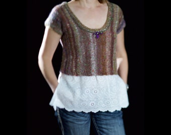 Cropped sweater vest t-shirt short sleeve hand knitted from Noro Mossa yarn size Small-Medium