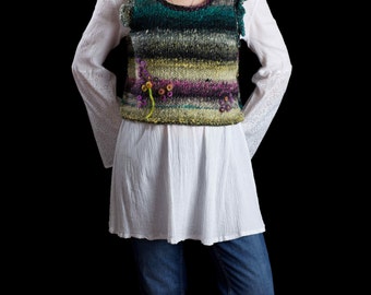 Hand Knitted Wool Silk Sweater Vest with Alpaca Flowers, Size S/M