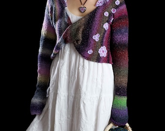 Hand Knit Cropped Shrug, Rag Quilted Patchwork, Long Sleeve Bolero