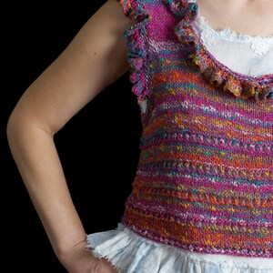 Vest bodice tank top handknitted variegated cotton yarn with ruffles, size S-M, &quot;Summer Berries&quot;