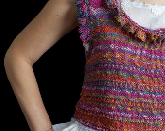 Vest bodice tank top handknitted variegated cotton yarn with ruffles, size S-M, "Summer Berries"