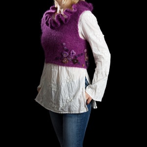 Cropped mohair sweater vest handmade, alpaca felted flowers, size Small/Medium, &quot;Purple Frenzy&quot;
