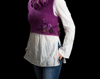 Cropped mohair sweater vest handmade, alpaca felted flowers, size Small/Medium, "Purple Frenzy"