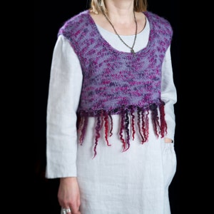 Baby alpaca cropped sweater vest t-shirt tank top fringed hand knitted wool locks size Medium Large, wine, purple &quot;Juicy Plum&quot;