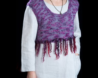Baby alpaca cropped sweater vest t-shirt tank top fringed hand knitted wool locks size Medium Large, wine, purple "Juicy Plum"