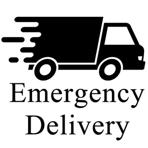 May include: A black and white graphic of a delivery truck with motion lines, conveying speed. The words "Emergency Delivery" are below the truck in a classic serif font. The image is on a white background.