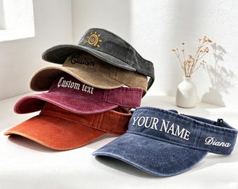 Sombrero bordado a medida, visera de algodón lavado vintage, monograma con nombre y texto personalizados, visera ajustable para hombres y mujeres, sombreros para el sol para vacaciones en la playa.