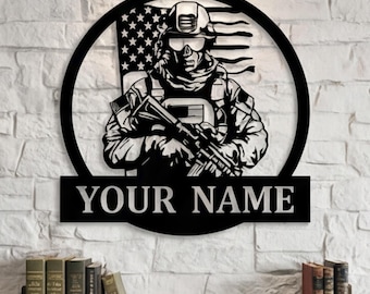 Gepersonaliseerde metalen wanddecoratie soldaat, metalkunst Amerikaanse vlag, aangepast familienaambord, cadeau huis veteraan