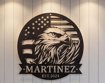 Custom American Eagle Metal Sign, Personalized Family Name Wall Art, Patriotic Flag Decor for Entryway, Housewarming Gift for Home