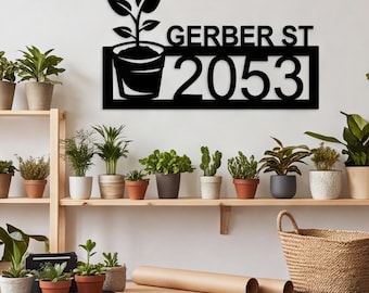 Custom Botanical Plant Metal Address Sign, Outdoor Wall Art, Custom House Number Plaque, Porch Decor