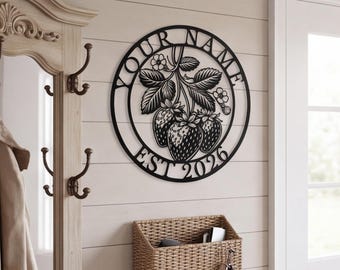 Metal Sign, Strawberry Silhouette Farmhouse Wall Art, Kitchen Wall Decor, Custom Name Family Gift