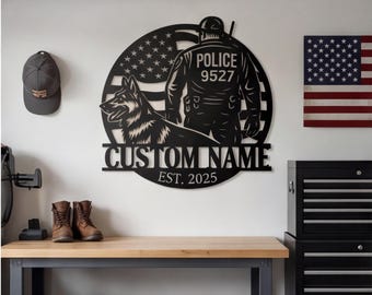 Custom Police K9 Metal Wall Art, American Flag Officer Silhouette, Man Cave Decor, Personalized Law Enforcement Gift for Him