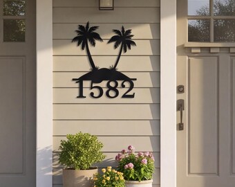 Metal Wall Art, Palm Tree House Number Sign, Beach House Address Plaque, Tropical Outdoor Sign