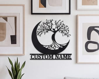 Custom Tree of Life Metal Sign, Crescent Moon Wall Art, Personalized Family Name Plaque, Boho Home Decor