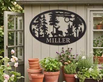 Custom Deer Forest Last Name Sign, Metal Wall Art, Personalized Family Name Plaque, Outdoor Decor
