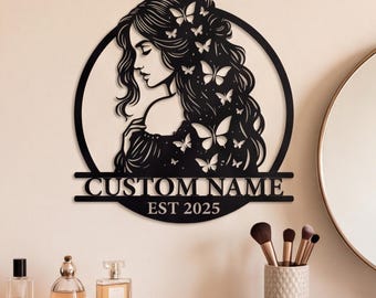 Butterfly Woman Metal Sign, Custom Name Wall Art, Vanity Bedroom Decor, Gifts For Her
