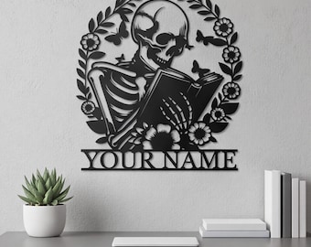 Reading Skeleton Metal Sign, Gothic Floral Wall Art, Library Office Decor, Book Lover Gift