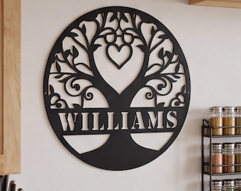 Personalized Tree of Life Metal Wall Art, Custom Family Last Name Sign, Kitchen Wall Decor, Wedding Gift for Couple