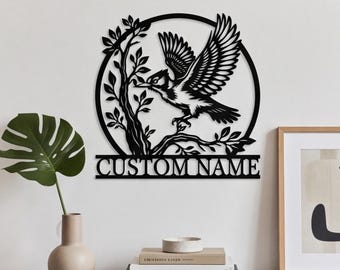 Custom Woodpecker Metal Sign, Wildlife Nature Wall Art, Forest Bird Tree Decor, Personalized Name Plaque, Outdoor Wall Decor