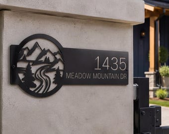 Personalized Mountain Metal Sign, Cabin Housewarming Gift,Rustic House Number Display, Modern Cabin Decor, Mountain Wall Art