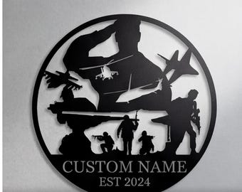 Art mural en métal pour soldat et avion, décoration de garage industriel, enseigne d'atelier personnalisée, cadeau vétéran pour lui, décoration murale homme des cavernes