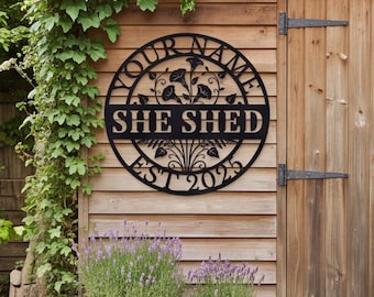 Custom Name She Shed Metal Wall Art, Morning Glory Garden Sign, Floral Botanical Decor, Outdoor Yard Plaque