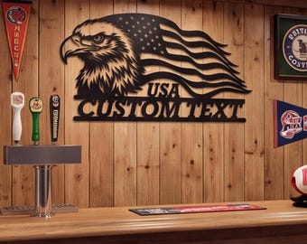 Custom Metal Sign, American Eagle Wall Art, Personalized USA Flag Plaque, Man Cave Decor