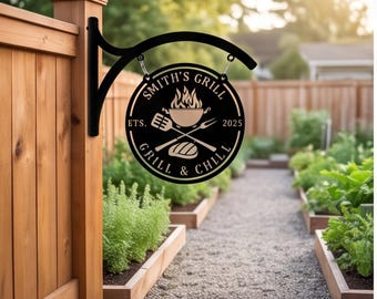Personalized Name Backyard BBQ Metal Hanging Sign, BBQ Smoker and Grill Metal Outdoor Sign,Bar Grill Store Front Sign