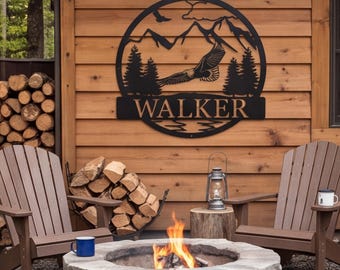 Custom Metal Mountain Wall Art, Eagle and Pine Tree Cabin Sign, Personalized Family Name Metal Sign