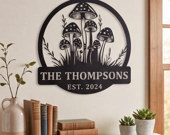 Custom mushroom metal wall art, cottagecore garden decor, personalized family name sign, rustic sign