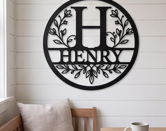Custom Monogram Metal Sign, Floral Leaf Family Name Plaque, Personalized Garden Gate Wall Decor