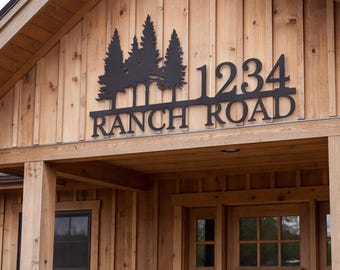 Metal Pine Tree Address Sign, Custom Ranch Road House Number Plaque, Forest Landscape Door Sign, Rustic Outdoor Home Decor