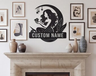 Mermaid Wall Art, Ocean Nursery Decor, Custom Name Baby Sign, Mantel Metal Art