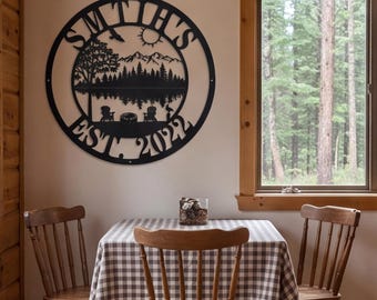 Custom Family Name Lake Cabin Metal Wall Art, Mountain Campfire Sign, Rustic Cabin Decor, Personalized Family Plaque