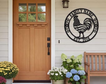 Custom Metal Sign, Farmhouse Rooster Wall Art, Personalized Family Name Plaque, Porch Decor