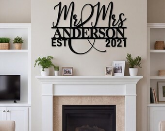 Custom Mr and Mrs Metal Sign, Cursive Last Name Wall Art, Personalized Home Decor, Wedding Couple Metal Plaque