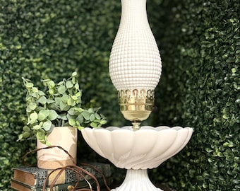 Vintage Table Lamp with Glass Milk and Hobnail Texture with a Candy Dish/Trinket Tray
