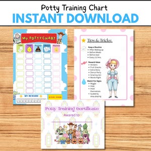 以下が含まれることがあります： 「Potty Training Chart INSTANT DOWNLOAD」の文字が入ったおむつはずしトレーニングチャート。チャートには、報酬チャート、ヒントとコツ、証明書が含まれています。チャートには漫画のキャラクターが登場します。