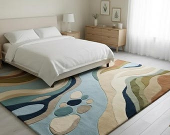 Abstract Area Rug Modern Bedroom Carpet Hand Tufted Wool Rug Neutral Blue Beige Designer Rug Large Living Room Floor Contemporary Floor Rug