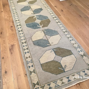 Geometric Oushak Runner Rug Hand Knotted Wool Carpet for Hallway Modern Transitional Long Rug Muted Blue Green Gray Kitchen Runner Area Rug