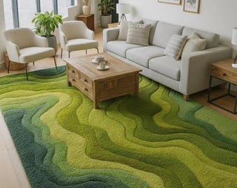 Green Abstract Area Rug, Modern Wavy Design Bedroom Rug, Hand Tufted Wool Carpet, Contemporary Minimalist Floor Rug for Living Room