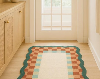 Scalloped Edge Checkered Rug, Hand Tufted High Pile Wool Area Rug, Green and Terracotta Checkerboard Carpet for Nursery, Bedroom, Entryway