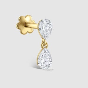 Low Profile Pear Diamond Floating Dangle Threaded Stud Invisible Set Diamond Pear Dangle Threaded Stud Earring 14K Gold Stud Screw Back Stud